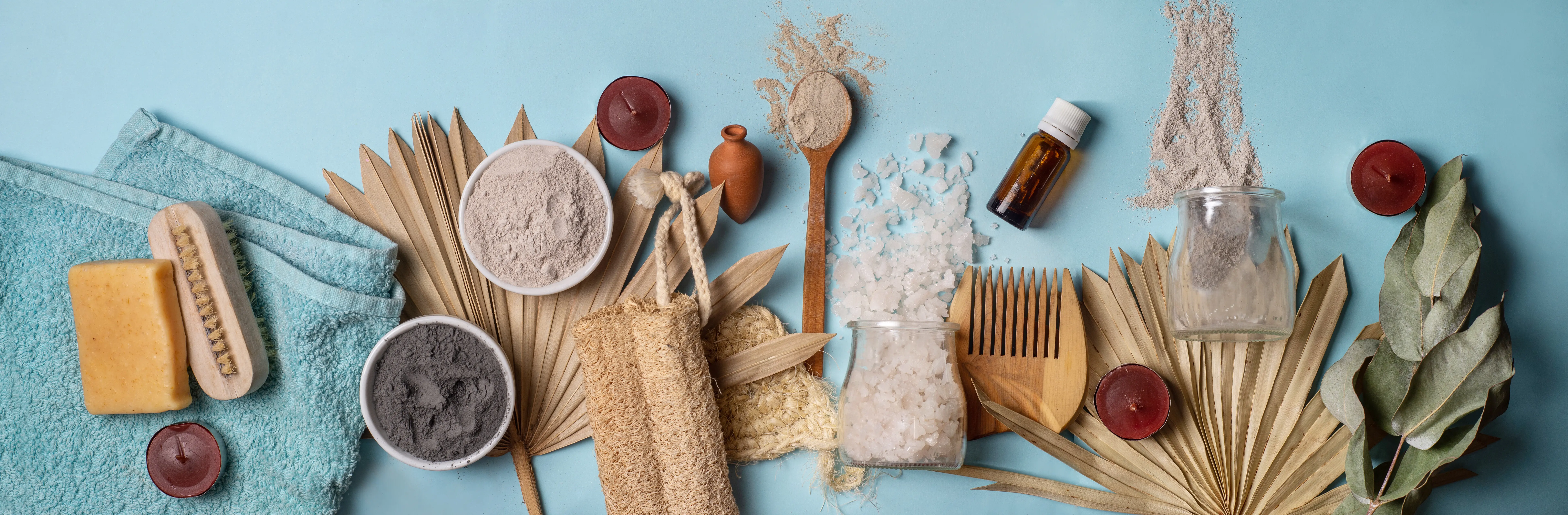 Konzept für Spa-Behandlungen, organische Artikel für die Körperpflege, Flatlay für Webseitendesign