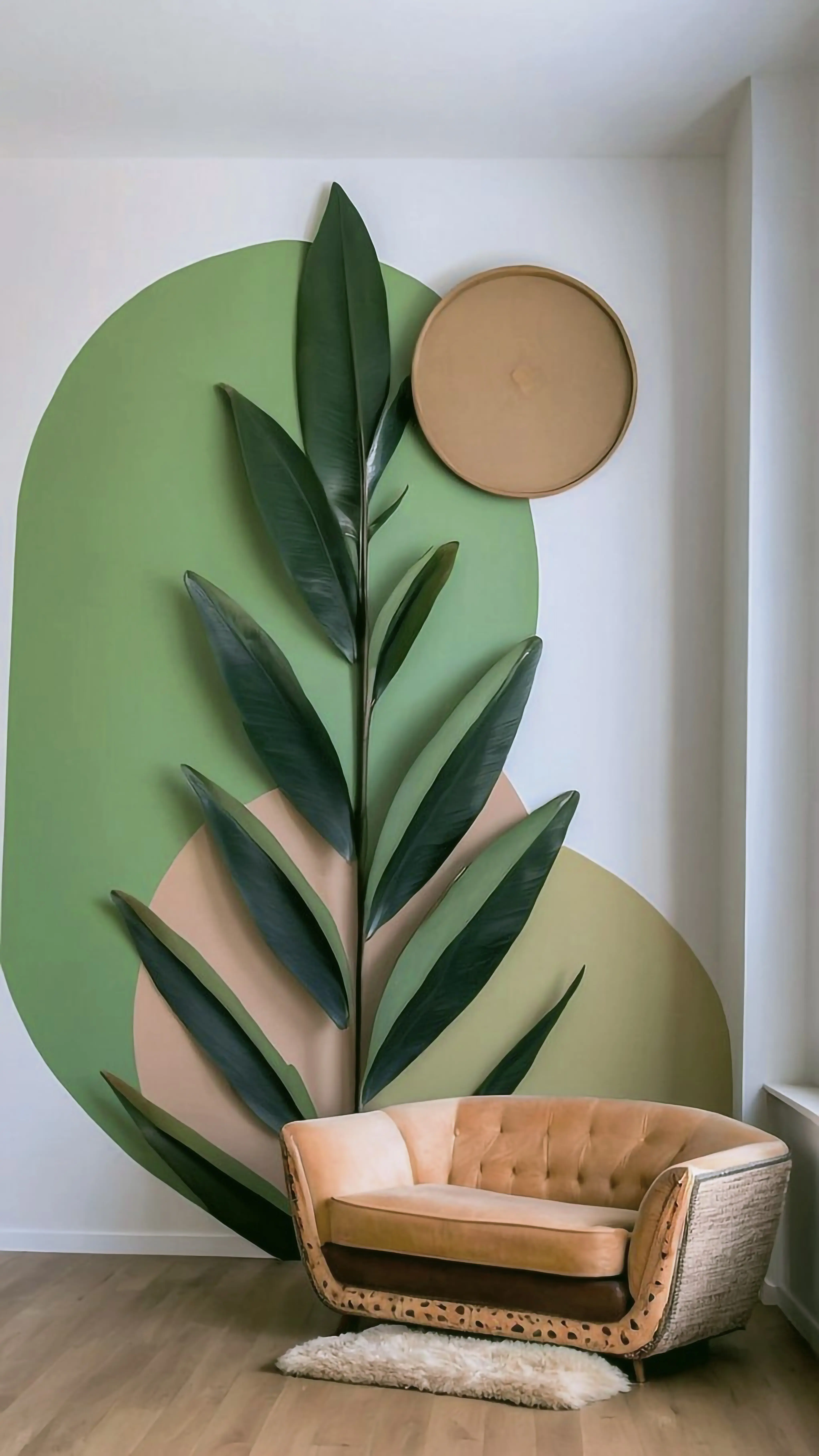 Elegantes Wohnzimmer mit einer dekorativen Blattskulptur und einem Sessel