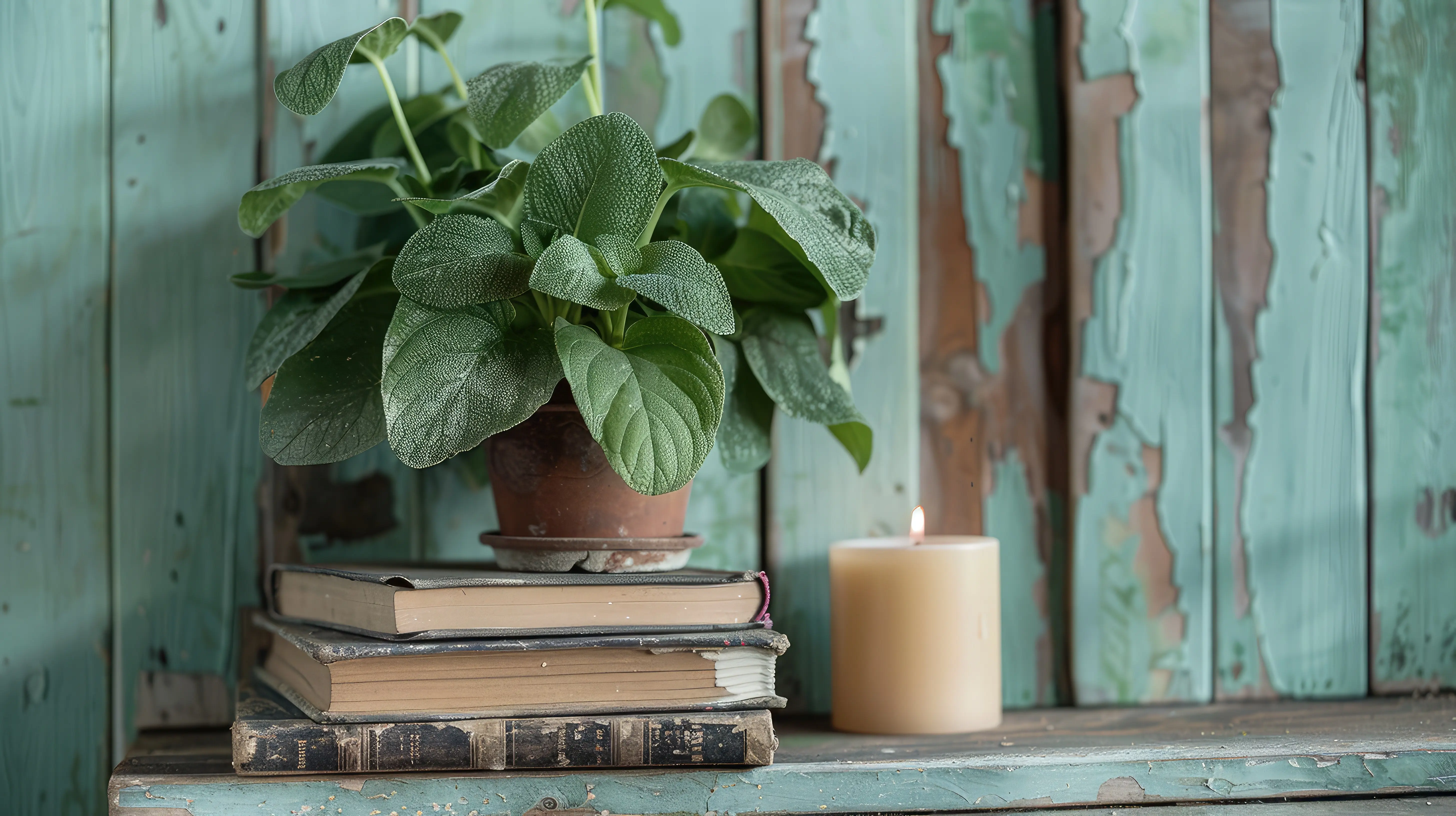 Ein Bücherstapel mit einer Topfpflanze und einer Kerze auf einem Holzregal.