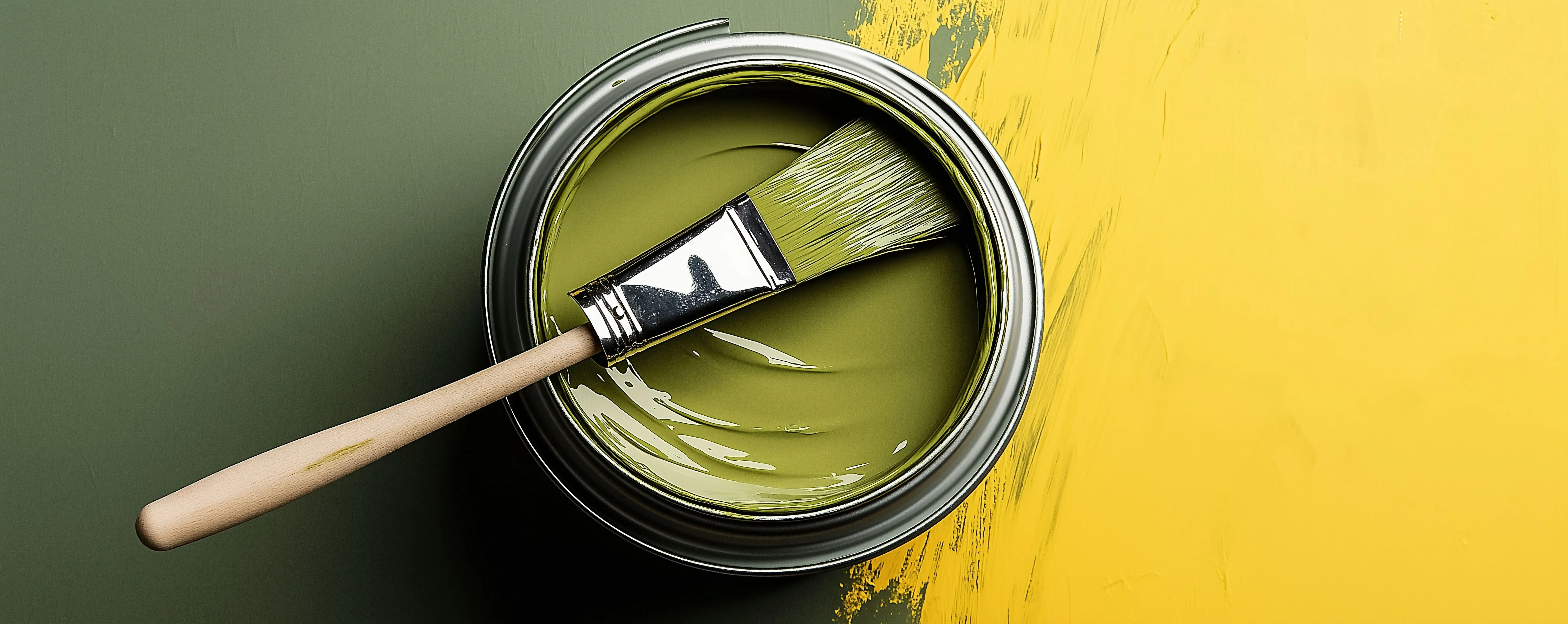 Offener Farbeimer mit Pinsel, grüne und gelbe Farben, Konzept für Renovierungs- und Malerausrüstung.